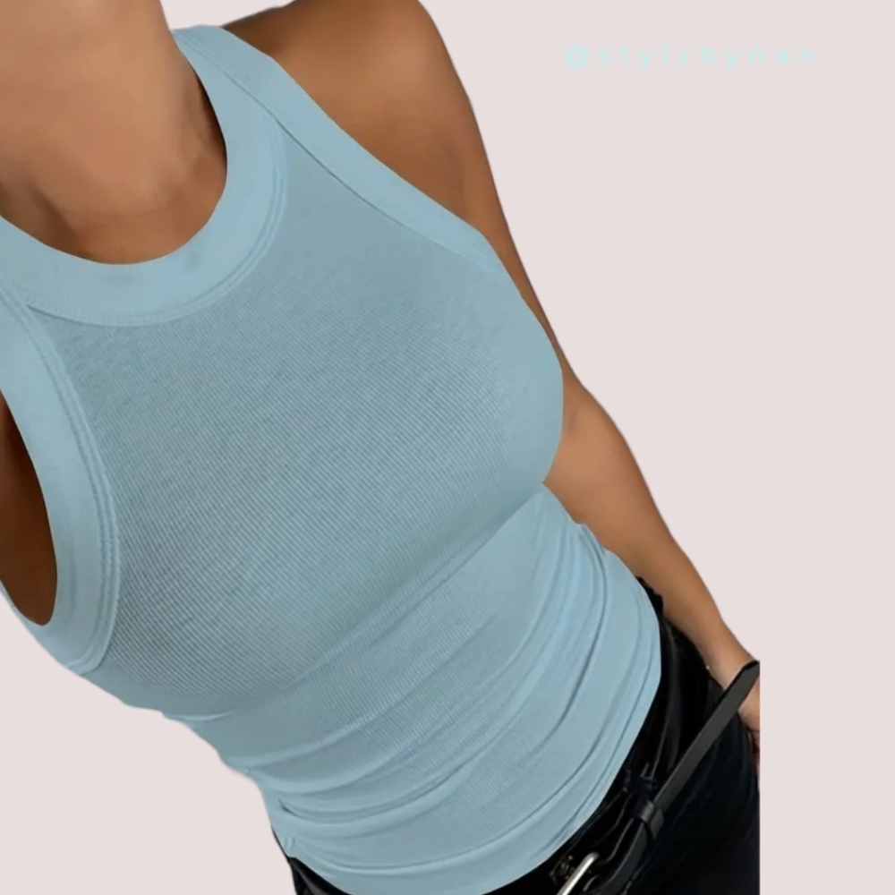 Solid Crew Neck Sleeveless Sporty Tank Top Sky Blue